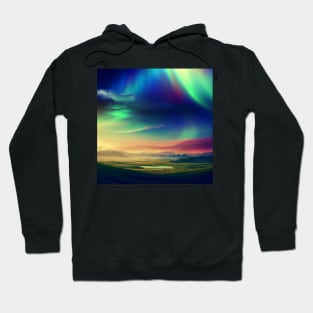 A landscape with a rainbow or aurora borealis in the sky Hoodie